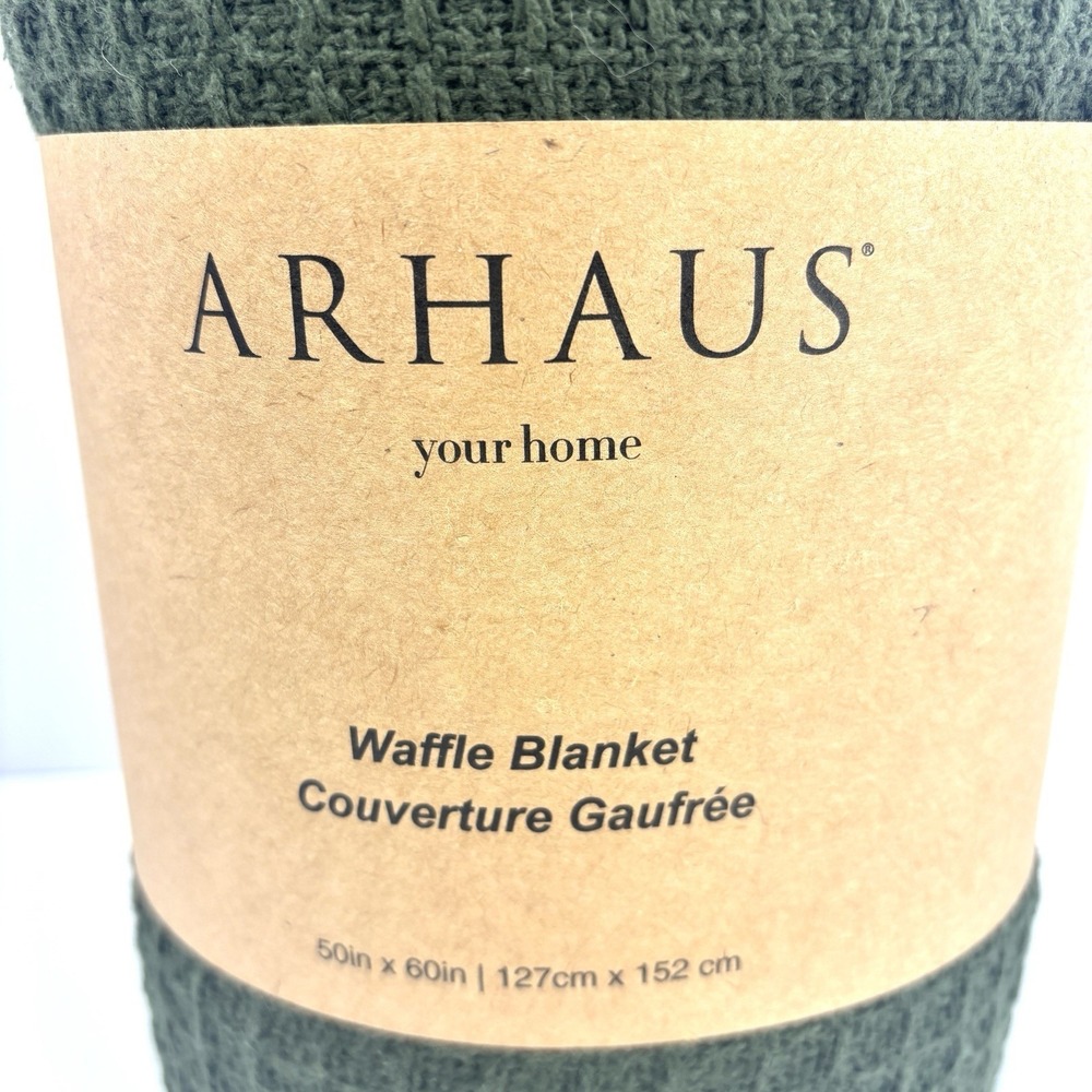 ARHAUS Waffle Knit Throw Blanket Dark Green 100% Cotton NEW 50 X 60 - Picture 2 of 4